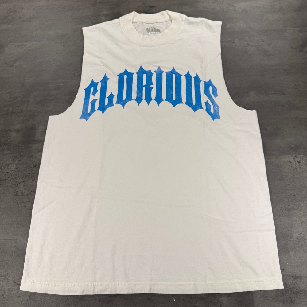 Glorious Muscle Tee M White Blue Gothic Graphic Streetwear West Coast Chopper